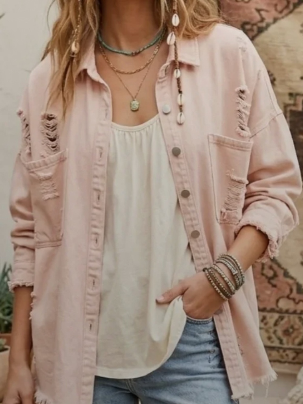 POL Distressed Pink Denim Shirt Jacket